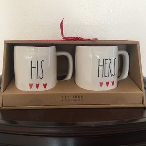 🦄 Rare ❤️ Rae Dunn HIS HERS watercolor Heart Mug Red interior doodle HTF Set ❤️